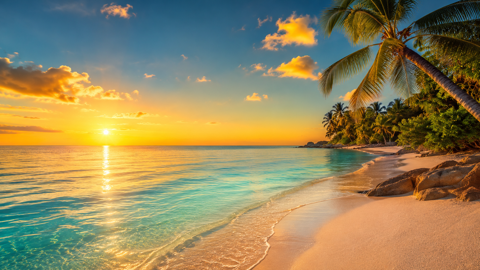 Sunset over a palm-fringed tropical beach